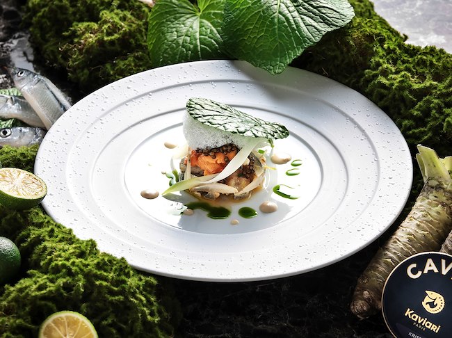 Aguglia in Saor Wasabi Leaf, Hokkaido Sea Urchin, Caviar Royal Cristal